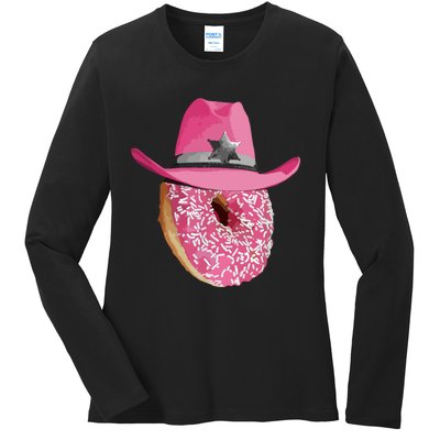 Donut Wearing Pink Cowboy Cowgirl Hat Ladies Long Sleeve Shirt