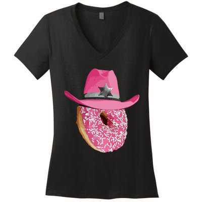 Donut Wearing Pink Cowboy Cowgirl Hat Women's V-Neck T-Shirt