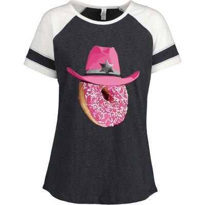 Donut Wearing Pink Cowboy Cowgirl Hat Enza Ladies Jersey Colorblock Tee