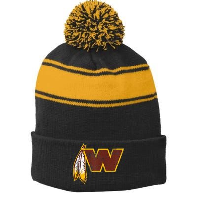 Dan W Quinn Funny W Design Stripe Pom Pom Beanie