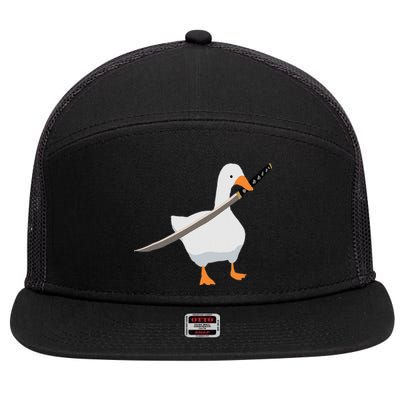 Duck with sword Duck wielding a Katana knife Goose 7 Panel Mesh Trucker Snapback Hat