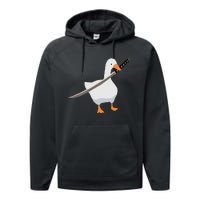 Duck with sword Duck wielding a Katana knife Goose Performance Fleece Hoodie