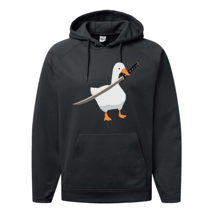 Duck with sword Duck wielding a Katana knife Goose Performance Fleece Hoodie