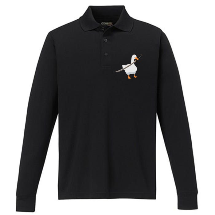 Duck with sword Duck wielding a Katana knife Goose Performance Long Sleeve Polo