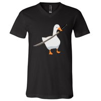 Duck with sword Duck wielding a Katana knife Goose V-Neck T-Shirt