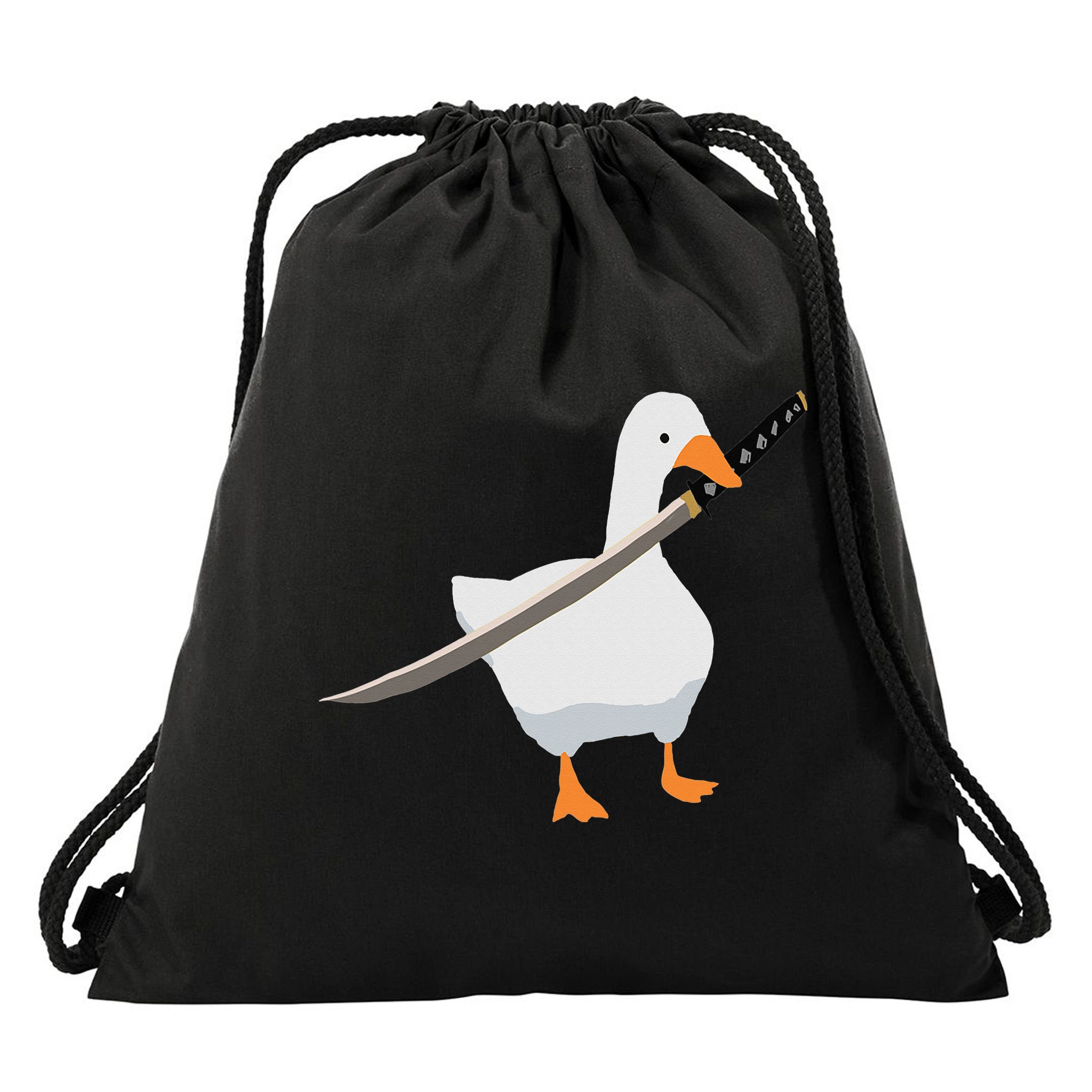 Duck with sword Duck wielding a Katana knife Goose Drawstring Bag