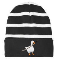 Duck with sword Duck wielding a Katana knife Goose Striped Beanie with Solid Band