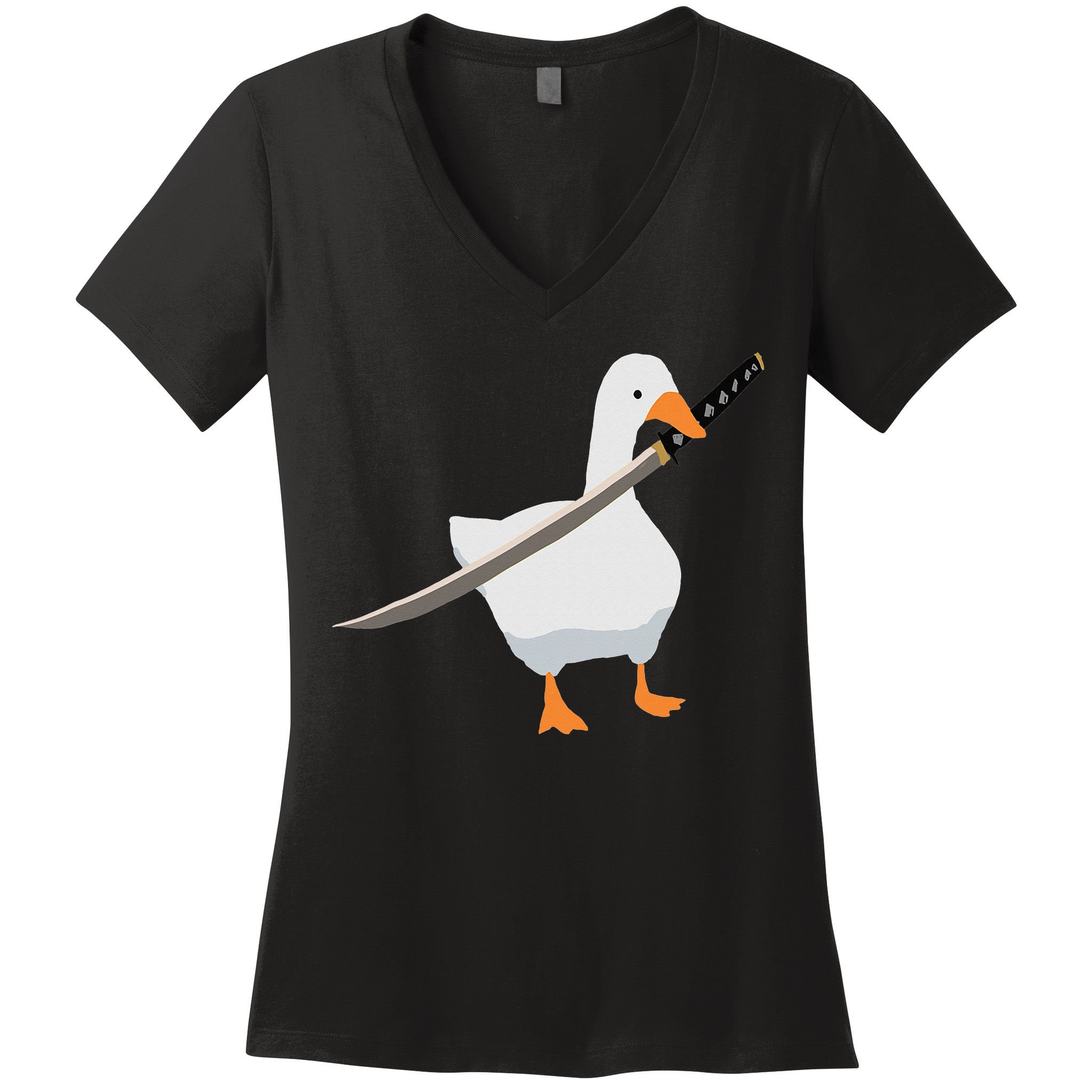 Duck with sword Duck wielding a Katana knife Goose Women's V-Neck T-Shirt