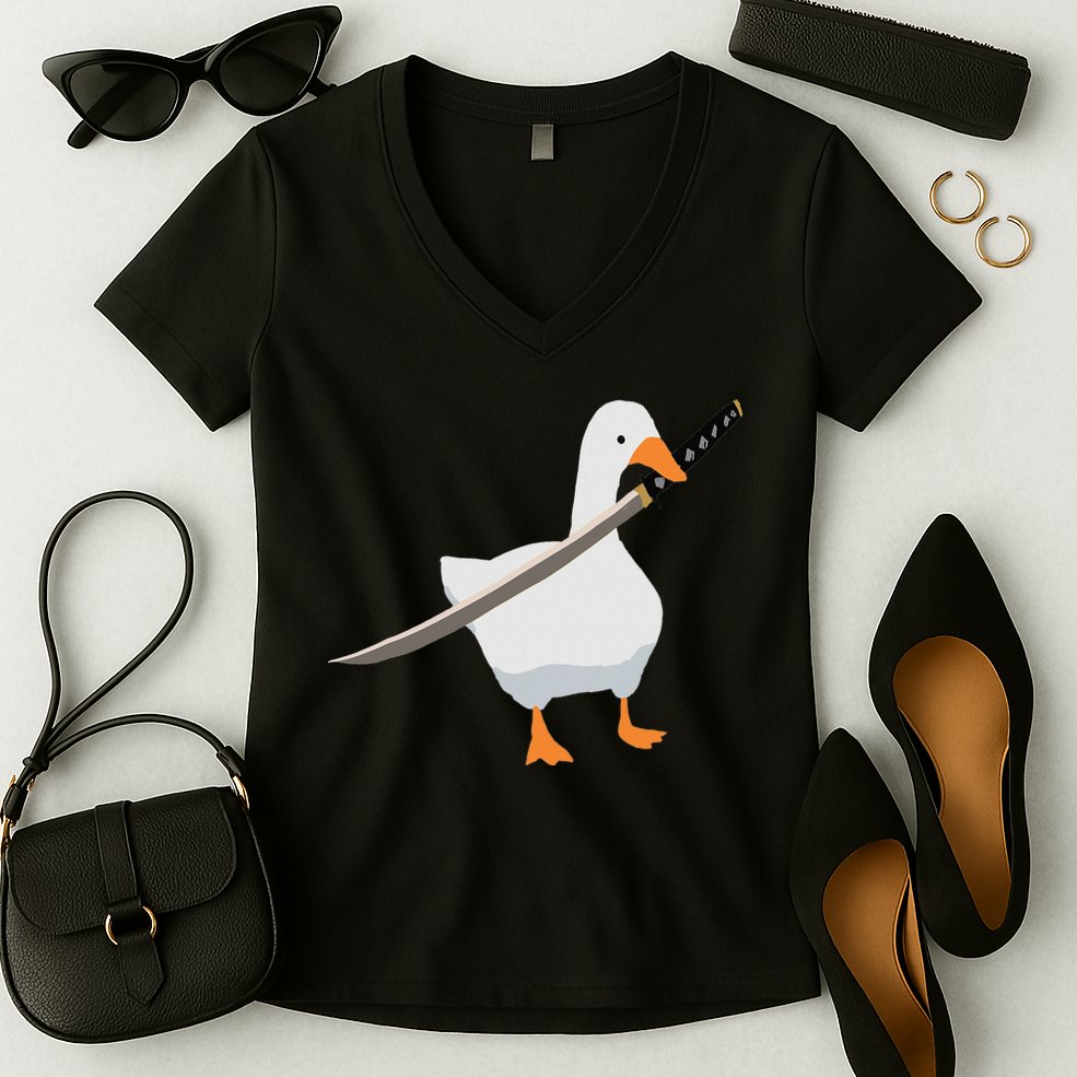 Duck with sword Duck wielding a Katana knife Goose Women's V-Neck T-Shirt
