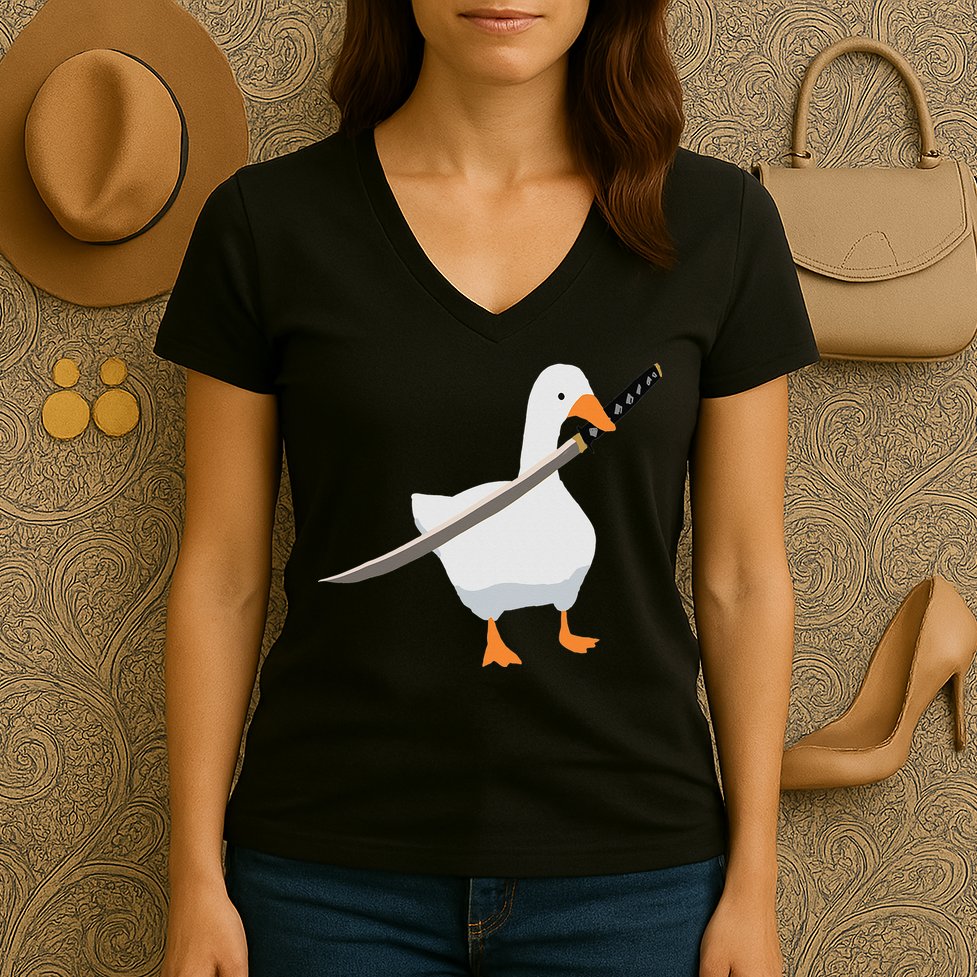 Duck with sword Duck wielding a Katana knife Goose Women's V-Neck T-Shirt