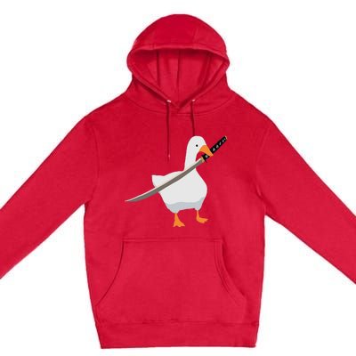 Duck with sword Duck wielding a Katana knife Goose Premium Pullover Hoodie