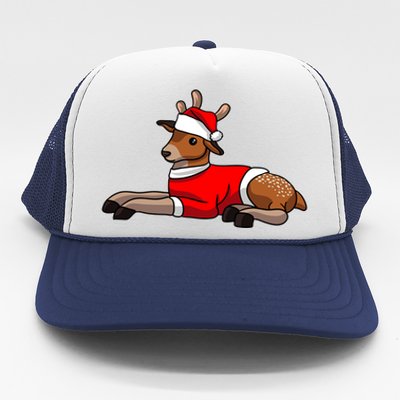 Deer Wearing Santa Hat And Sweater Christmas Gift Trucker Hat