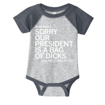 Dear World Sorry Our President Is A Bag Of Dicks Sincerely H Infant Baby Jersey Bodysuit
