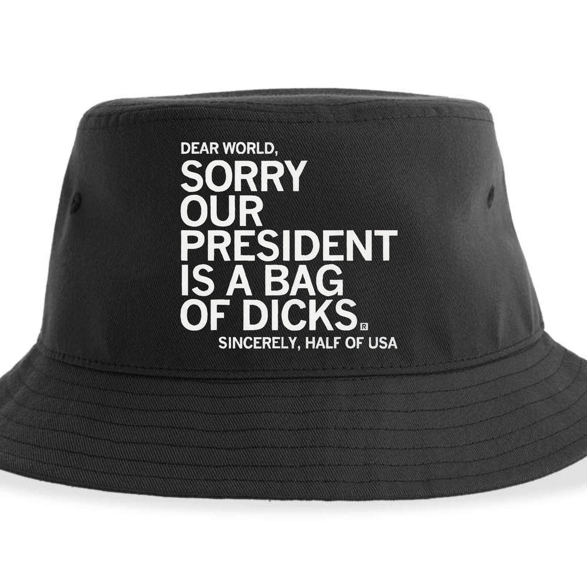 Dear World Sorry Our President Is A Bag Of Dicks Sincerely H Sustainable Bucket Hat