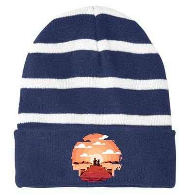 Dog Watching Sunset Striped Beanie with Solid Band