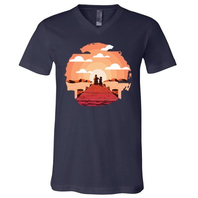 Dog Watching Sunset V-Neck T-Shirt