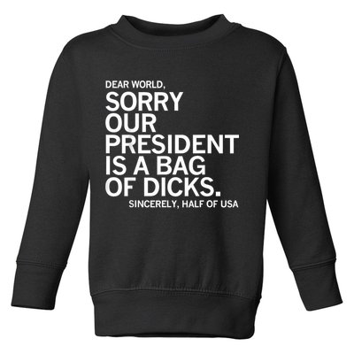 Dear World Sorry Our President Is A Bag Of Dicks Funny Meme Toddler Sweatshirt