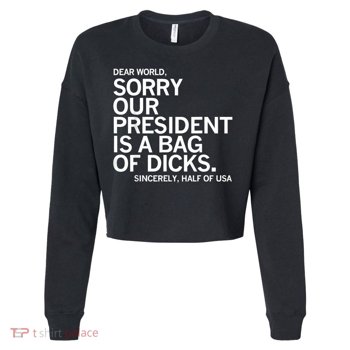 Dear World Sorry Our President Is A Bag Of Dicks Funny Meme Cropped Pullover Crew
