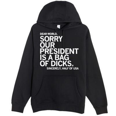 Dear World Sorry Our President Is A Bag Of Dicks Sincerely Premium Pullover Hoodie