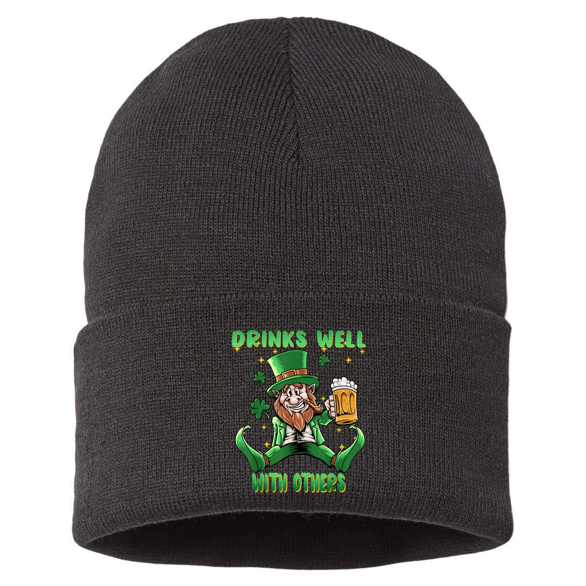 Drinks Well With Others St. Patrick's Day Drunk Beer Funny Sustainable Knit Beanie