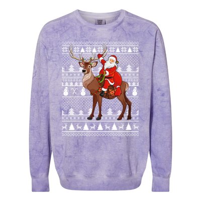 Deer Xmas Holiday Ugly Santa Riding Deer Christmas Funny Gift Colorblast Crewneck Sweatshirt