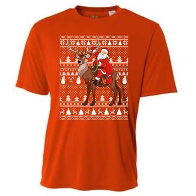 Deer Xmas Holiday Ugly Santa Riding Deer Christmas Funny Gift Cooling Performance Crew T-Shirt