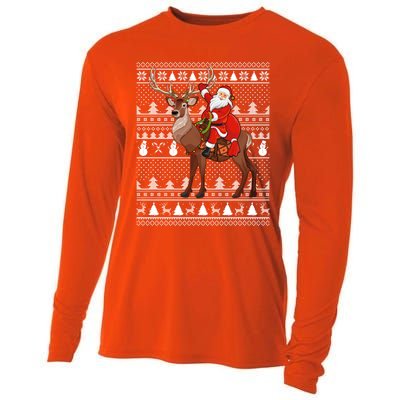 Deer Xmas Holiday Ugly Santa Riding Deer Christmas Funny Gift Cooling Performance Long Sleeve Crew