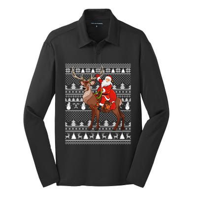 Deer Xmas Holiday Ugly Santa Riding Deer Christmas Funny Gift Silk Touch Performance Long Sleeve Polo