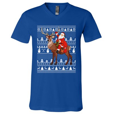 Deer Xmas Holiday Ugly Santa Riding Deer Christmas Funny Gift V-Neck T-Shirt