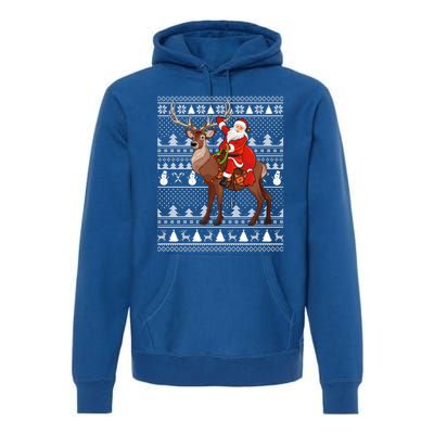 Deer Xmas Holiday Ugly Santa Riding Deer Christmas Funny Gift Premium Hoodie