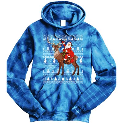 Deer Xmas Holiday Ugly Santa Riding Deer Christmas Funny Gift Tie Dye Hoodie