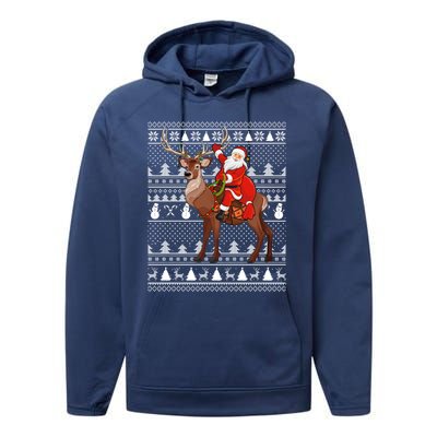 Deer Xmas Holiday Ugly Santa Riding Deer Christmas Funny Gift Performance Fleece Hoodie