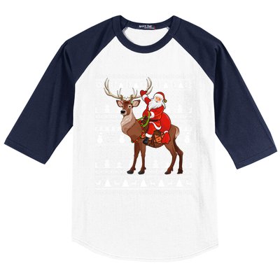 Deer Xmas Holiday Ugly Santa Riding Deer Christmas Funny Gift Baseball Sleeve Shirt