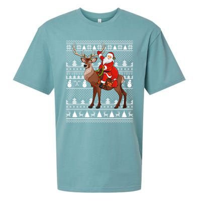 Deer Xmas Holiday Ugly Santa Riding Deer Christmas Funny Gift Sueded Cloud Jersey T-Shirt