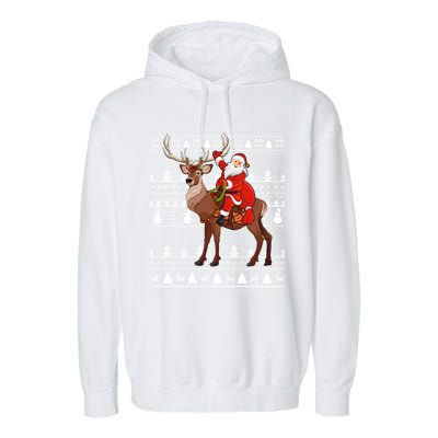 Deer Xmas Holiday Ugly Santa Riding Deer Christmas Funny Gift Garment-Dyed Fleece Hoodie