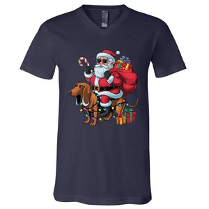 Dachshund Xmas Lighting Santa Riding Dachshund Dog Christmas V-Neck T-Shirt