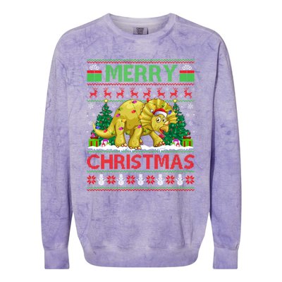 Dinosaur Xmas Lighting Santa Hat Ugly Triceratops Christmas Gift Colorblast Crewneck Sweatshirt