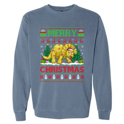 Dinosaur Xmas Lighting Santa Hat Ugly Triceratops Christmas Gift Garment-Dyed Sweatshirt