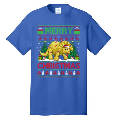 Dinosaur Xmas Lighting Santa Hat Ugly Triceratops Christmas Gift Tall T-Shirt