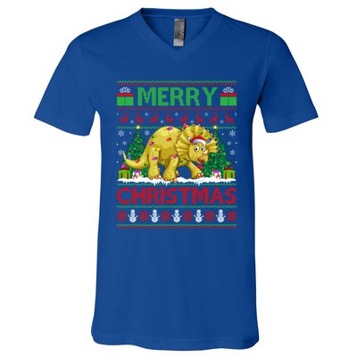 Dinosaur Xmas Lighting Santa Hat Ugly Triceratops Christmas Gift V-Neck T-Shirt