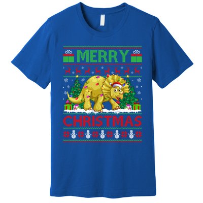 Dinosaur Xmas Lighting Santa Hat Ugly Triceratops Christmas Gift Premium T-Shirt