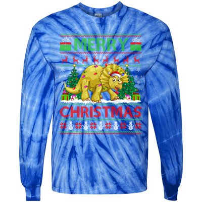 Dinosaur Xmas Lighting Santa Hat Ugly Triceratops Christmas Gift Tie-Dye Long Sleeve Shirt