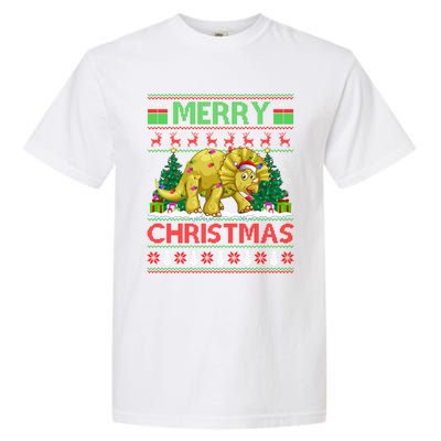 Dinosaur Xmas Lighting Santa Hat Ugly Triceratops Christmas Gift Garment-Dyed Heavyweight T-Shirt