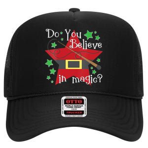 Do You Believe In Magic Santa Claus Wand Stars Vneck High Crown Mesh Back Trucker Hat