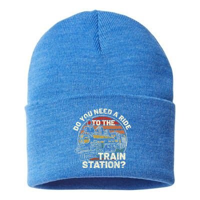 Do You Need A Ride To The Train Station Retro Vintage Train Gift Sustainable Knit Beanie