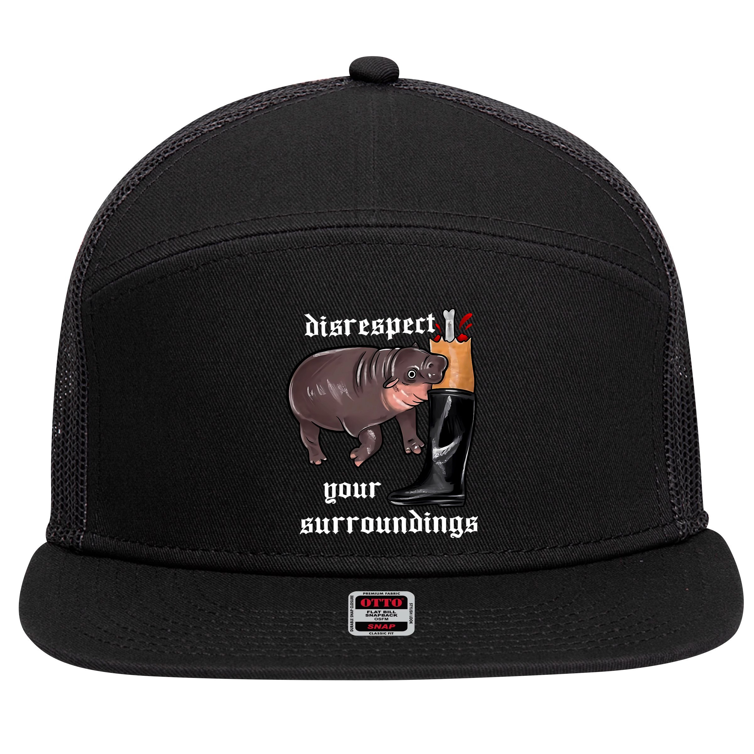 Disrespect Your Surroundings Moo Deng Funny Design 7 Panel Mesh Trucker Snapback Hat
