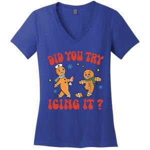 Did You Try Icing It Funny Christmas Nurse Gingerbread Man Long Sleeve Women's V-Neck T-Shirt