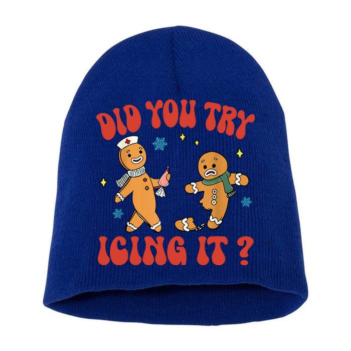 Did You Try Icing It Funny Christmas Nurse Gingerbread Man Long Sleeve Short Acrylic Beanie