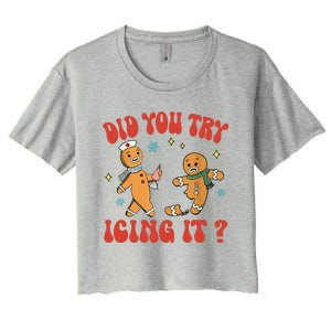 Did You Try Icing It Funny Christmas Nurse Gingerbread Man Long Sleeve Women's Crop Top Tee