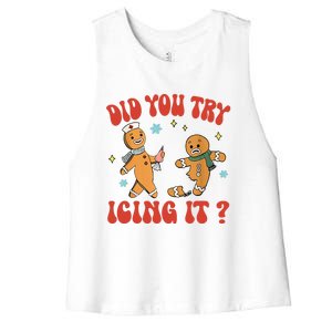 Did You Try Icing It Funny Christmas Nurse Gingerbread Man Long Sleeve Women's Racerback Cropped Tank